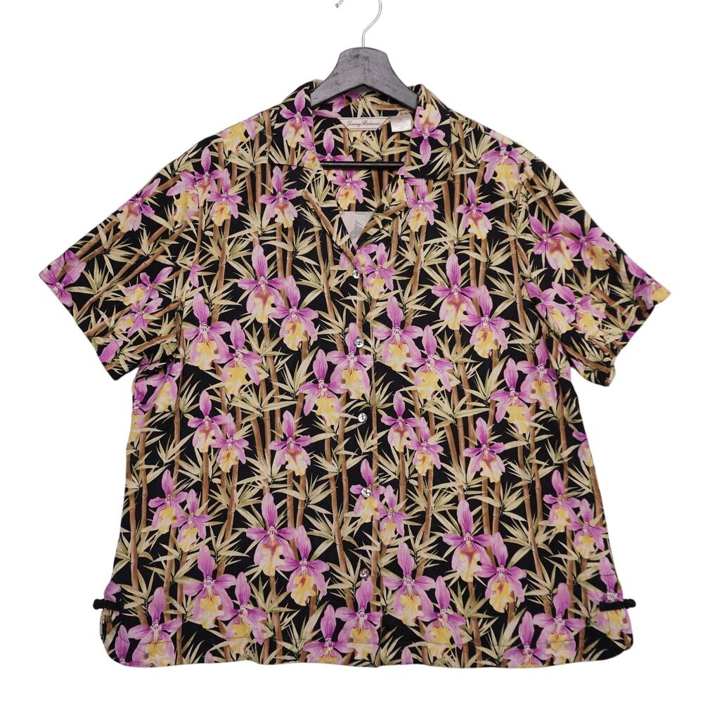 Tommy Bahama 100% Silk Hawaiian Shirt XL Black Orchid Bamboo‎ Floral Aloha Camp